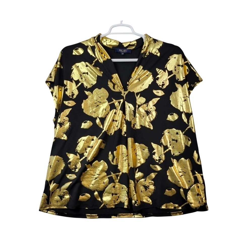 New Rachel Rachel Roy Women 2X Black Gold Metallic Floral Foil V-Neck Blouse New